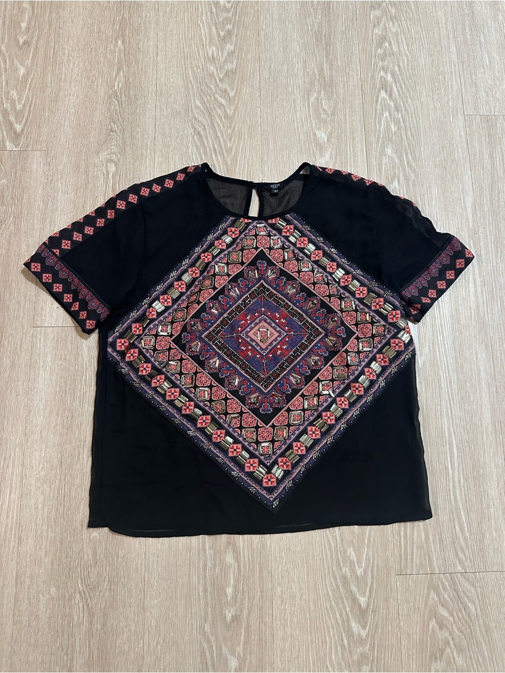 Guess Black Short-Sleeve Top with Red and Purple Embroidered Medallion